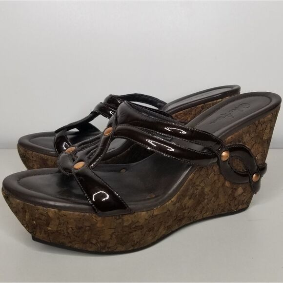 Cole Haan‎ Women's Brown Patent Leather Wedge Cork Heel Sandals Size 6 - Picture 13 of 13
